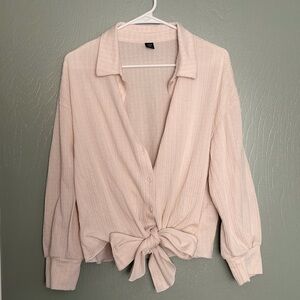SHEIN Cream Button-Down Tie Front Shirt